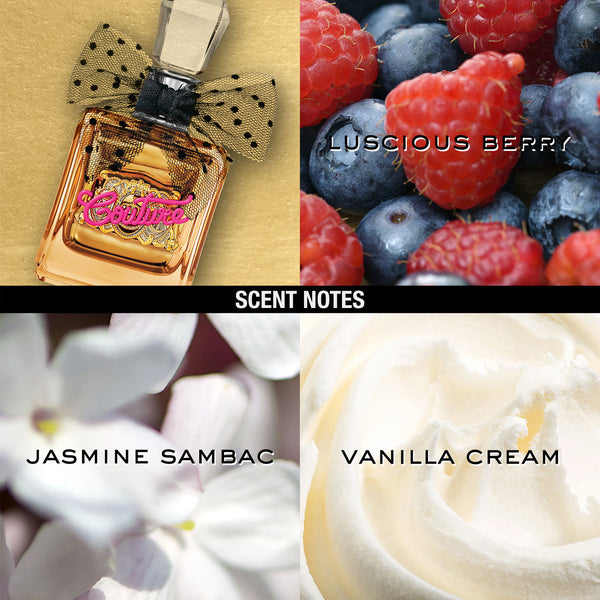 Displays the 'Juicy' branded Viva La Juicy Gold couture EDP 100ml bottle featuring the scent notes 