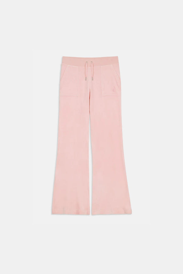 Displays the almond blossom 'Juicy' branded low rise flare classic velour track pant 