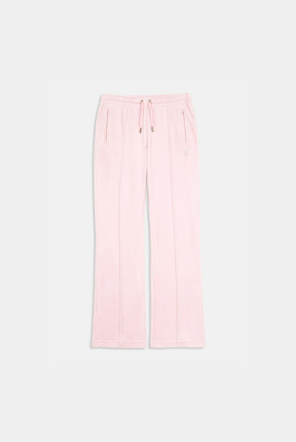 Displays the Almond Blossom 'Juicy' branded velour diamanté tracksuit bottom 