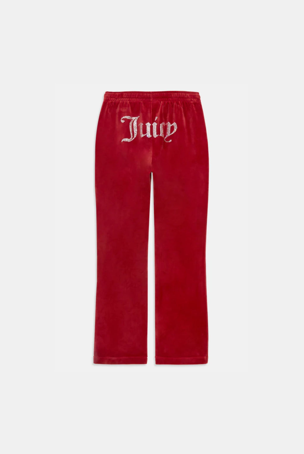 Displays the Red Dahlia 'Juicy' branded velour diamanté tracksuit bottom