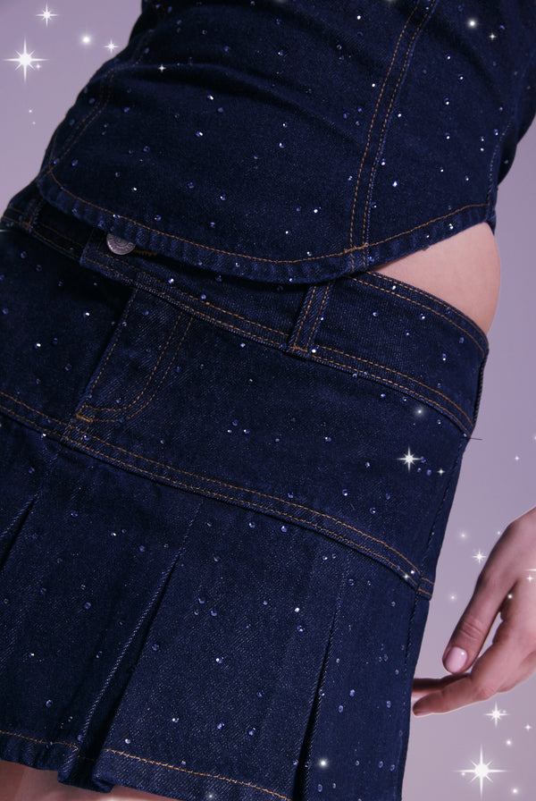 Displays a model wearing the Disney 'Juicy' branded denim diamanté bandeau 