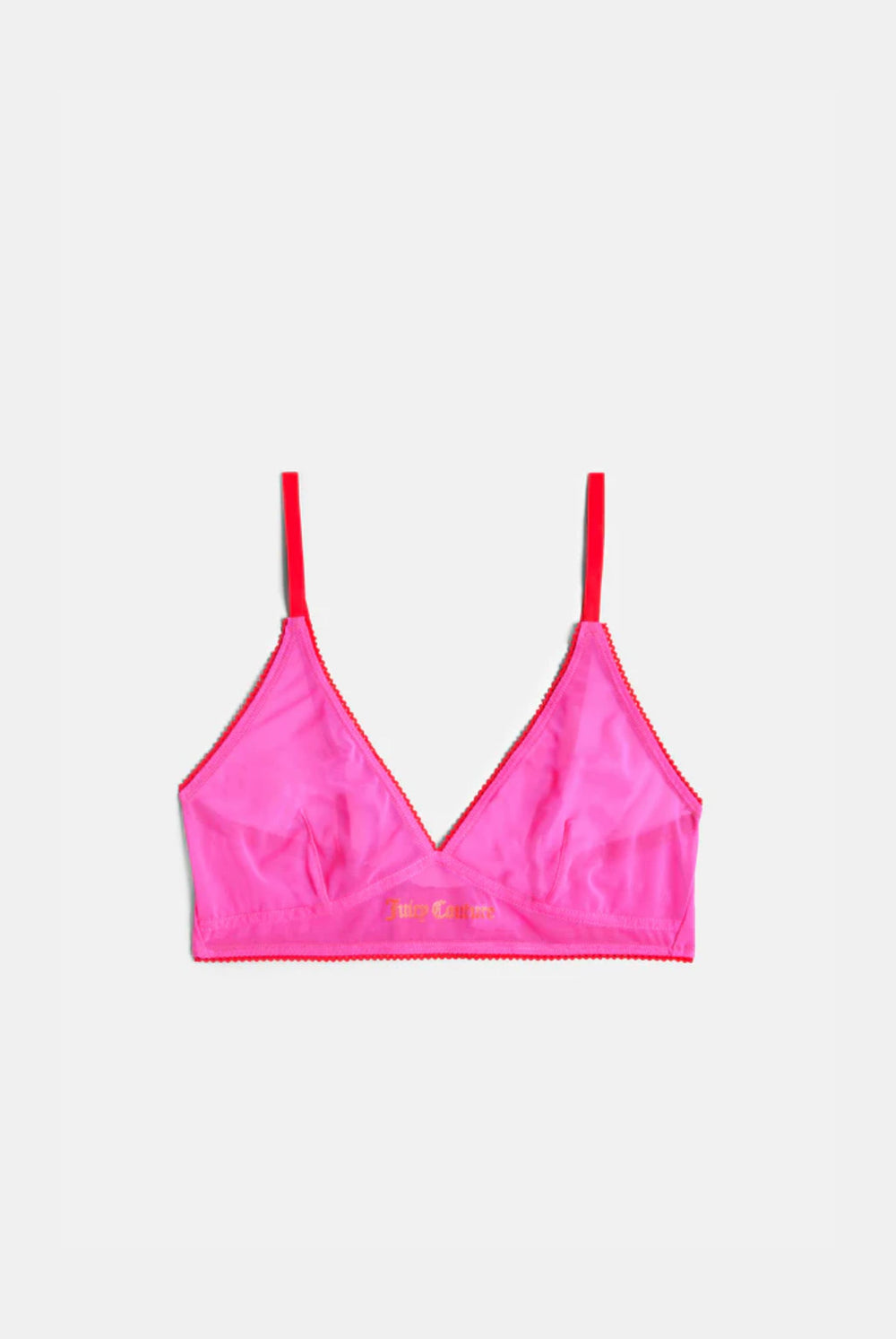 Displays the Pink Glow 'Juicy' branded mesh scallop edge triangle bra 