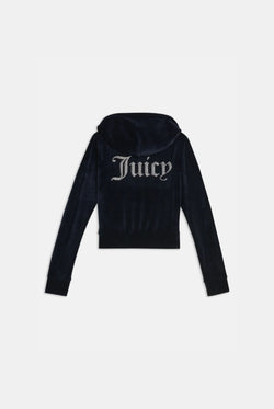 Displays the Night Sky Diamanté 'Juicy' branded velour zip-through hoodie  