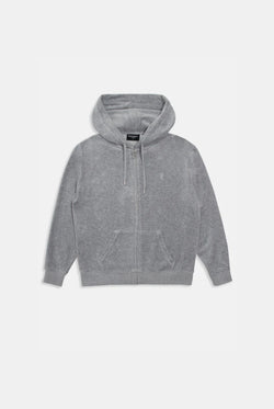 Displays the Silver Marl 'Juicy' branded Cotton velour oversized hoodie