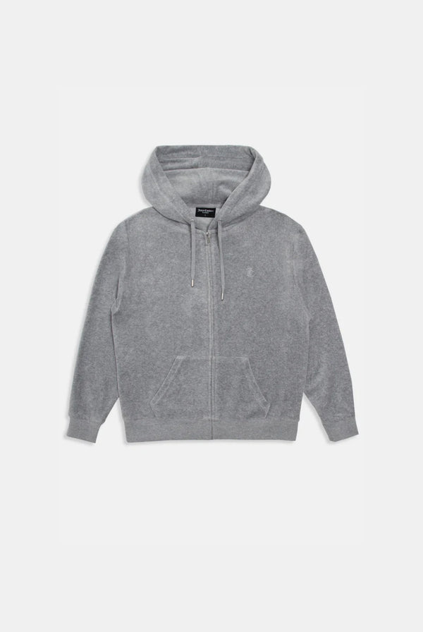 Displays the Silver Marl 'Juicy' branded Cotton velour oversized hoodie