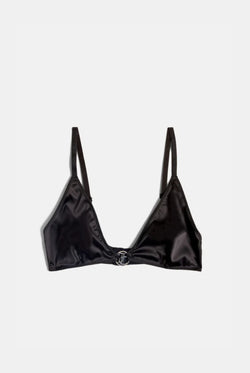 Displays the Black 'Juicy' branded satin charm triangle bra 