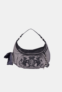 Displays the Grey 'Juicy' branded crest velour hobo bag 