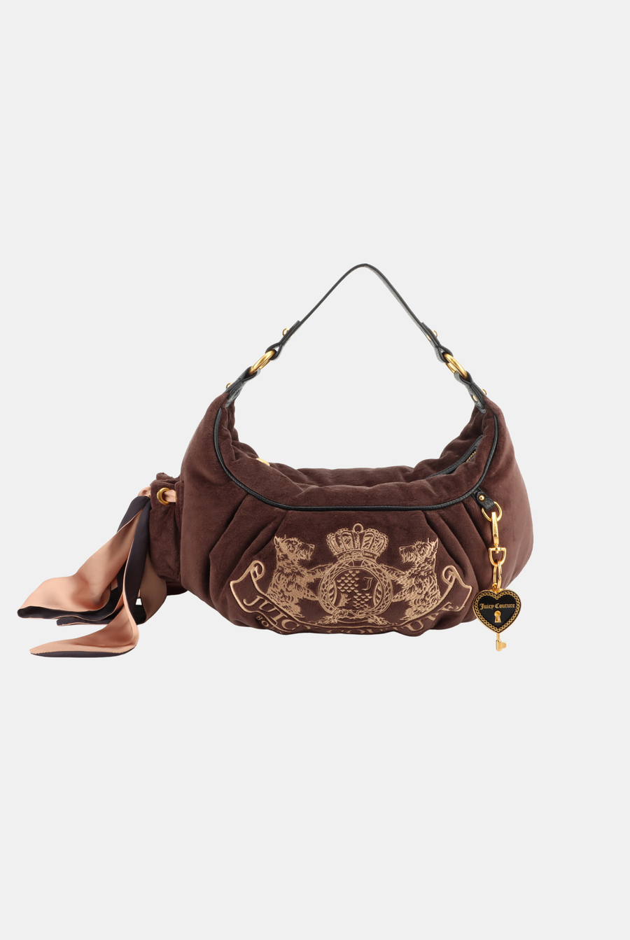 Displays the Chocolate 'Juicy' branded crest velour hobo bag