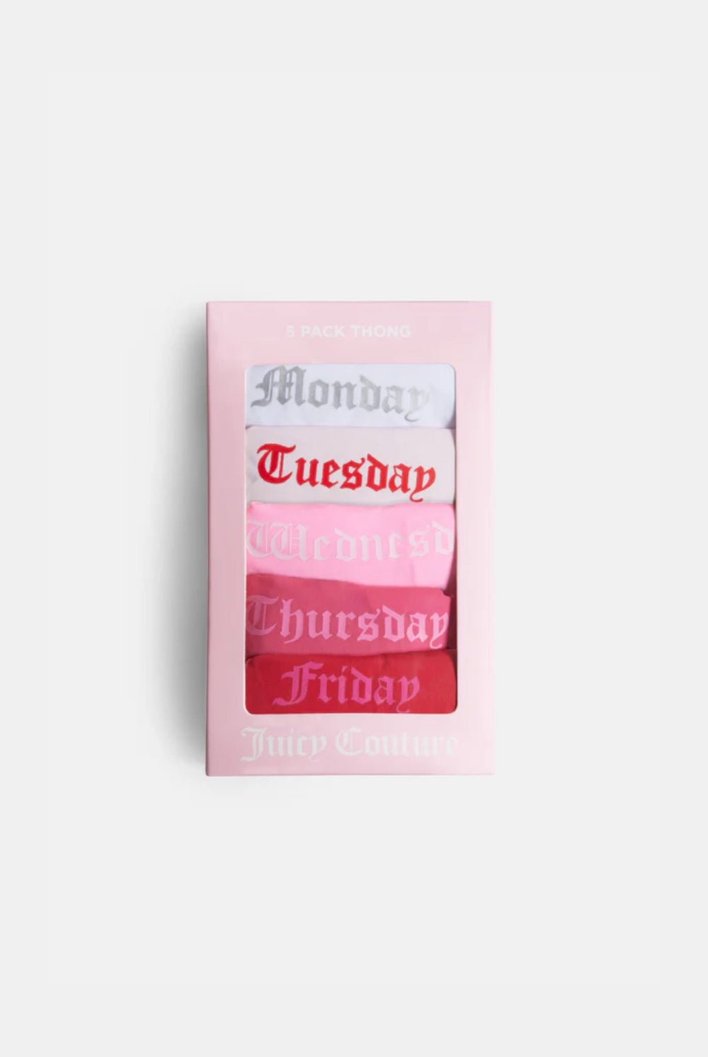 Displays the 'Juicy' branded Monday to Friday pack of 5 gothic print thongs 
