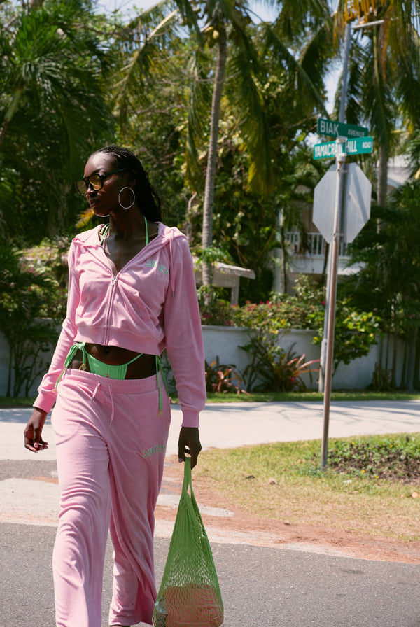JUICY PINK OVERSIZED COLLEGIATE CROPPED TOWELLING HOODIE
