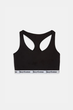 Displays the Black 'juicy' branded cotton bralette