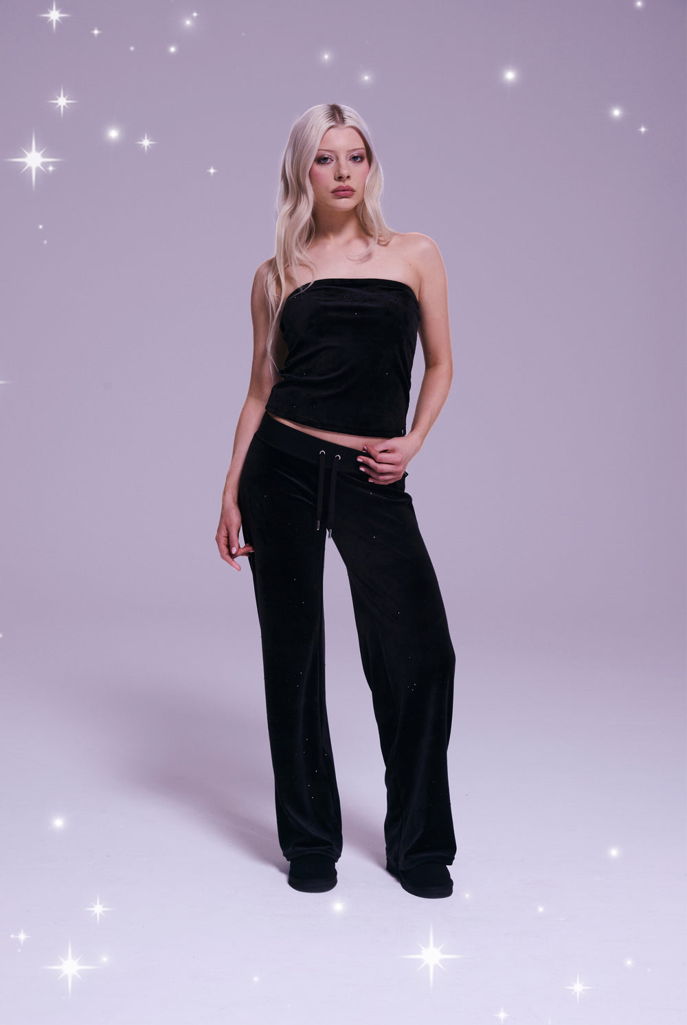 Displays a model wearing the Disney Black 'Juicy' branded diamanté velour bandeau 