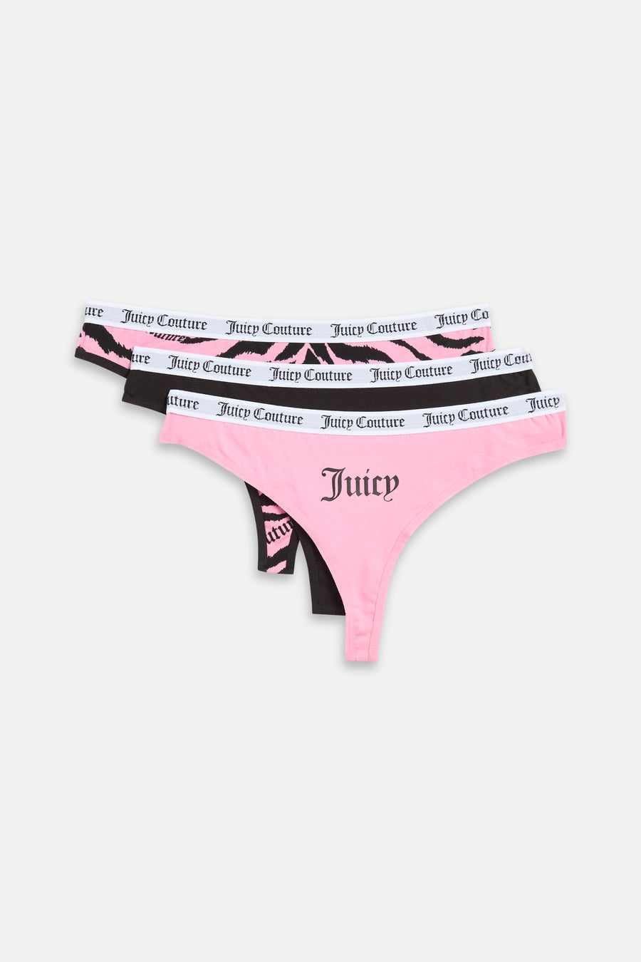 Displays all 3 black & pink 'Juicy' branded Tiger Graphic Thongs included in the 3 pack