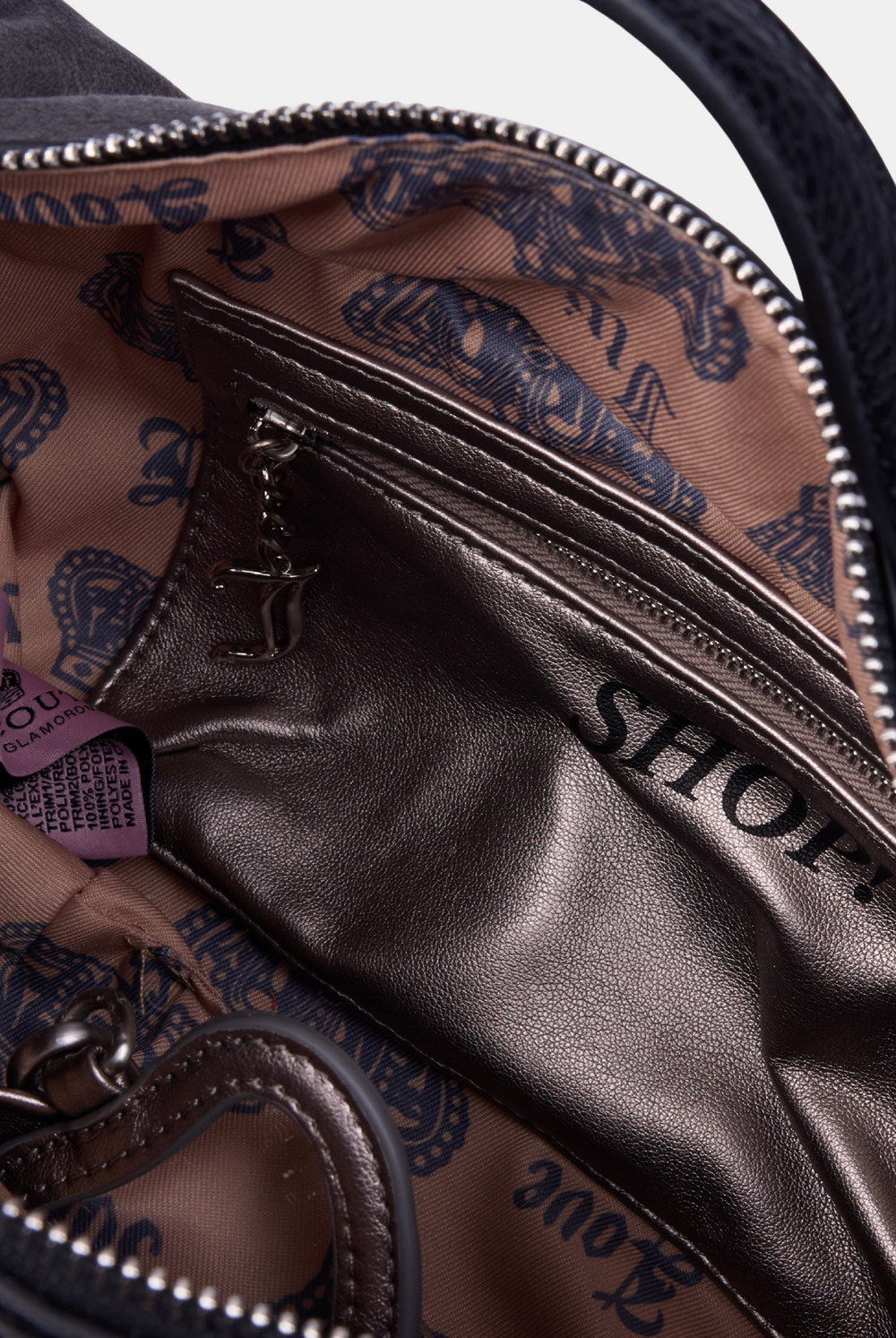 Displays the Grey 'Juicy' branded crest velour hobo bag featuring some juicy branding 