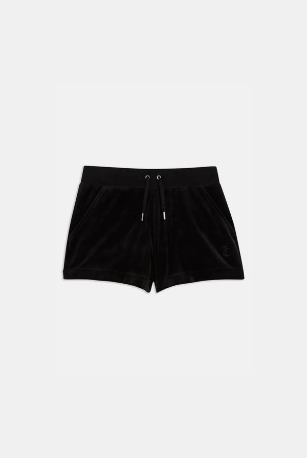 Displays the Black 'Juicy' branded classic velour track short with back pocket 