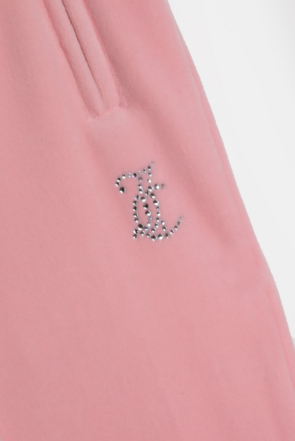 Displays the Juicy Pink 'Juicy' branded velour diamanté tracksuit bottoms featuring the juicy logo