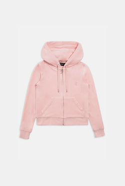 Displays the Almond Blossom 'Juicy' branded classic velour Robertson hoodie 