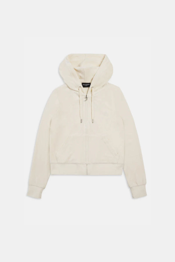 Displays the cream classic 'Juicy' branded velour Robertson hoodie 