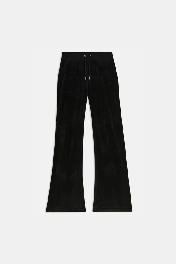 Displays the Black Low rise flare pocket 'Juicy' branded classic velour track pant