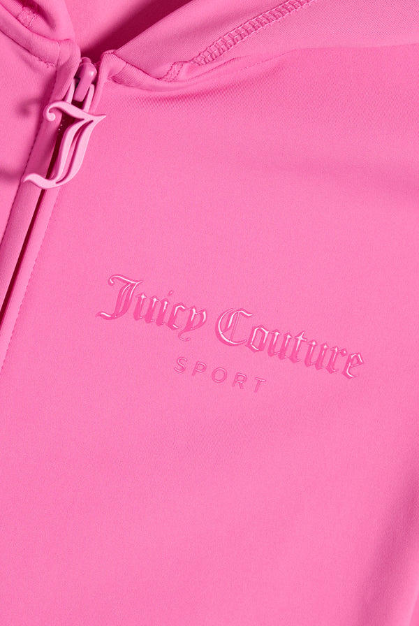 Displays the Wild Orchid 'Juicy' branded Active Fitted Hoodie featuring the juicy couture sport branding 