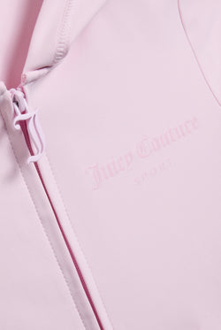 Displays the Cherry Blossom peached 'Juicy' branded active fitted hoodie featuring the juicy couture branding 