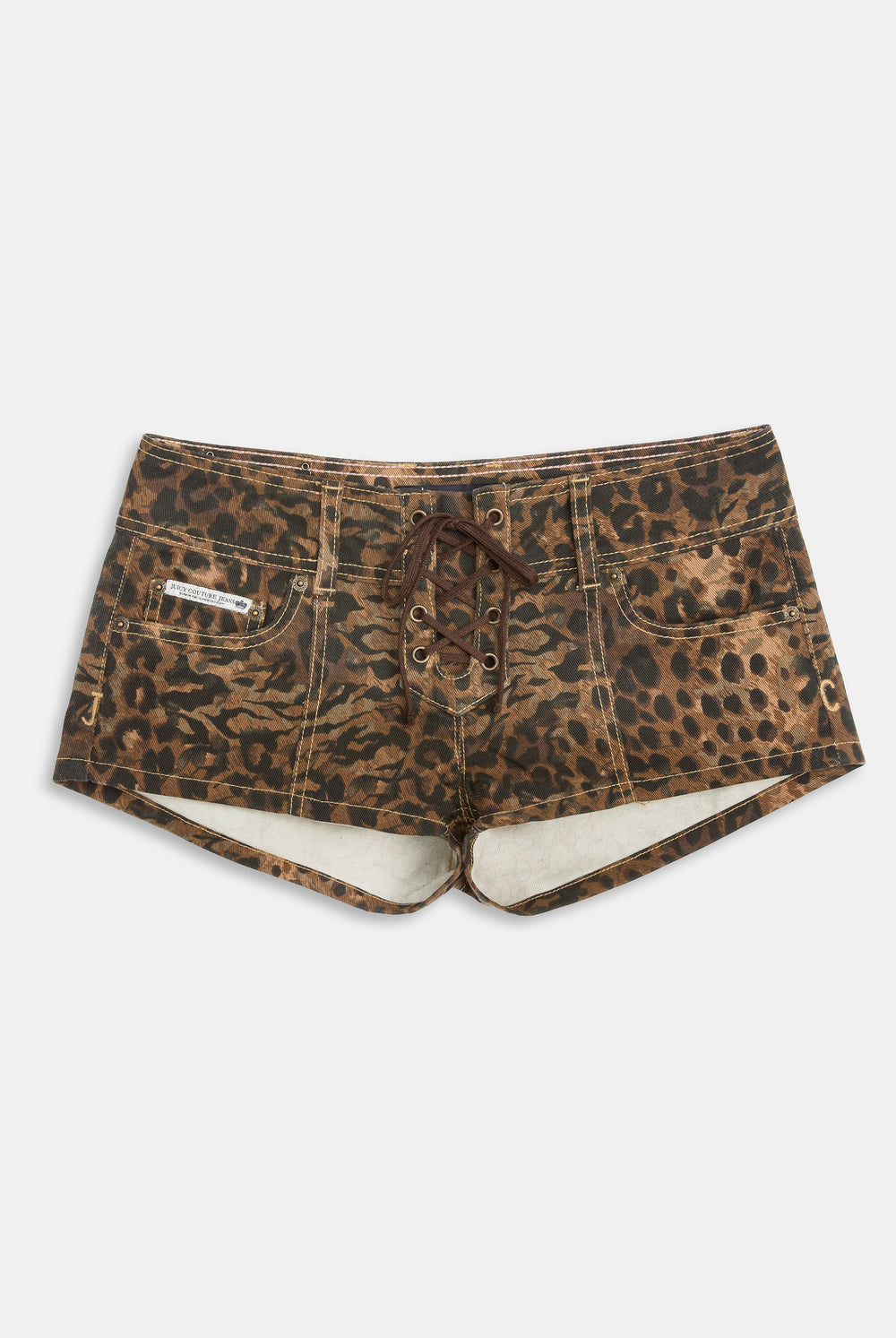 Displays the animal 'Juicy' branded denim lace up shorts 