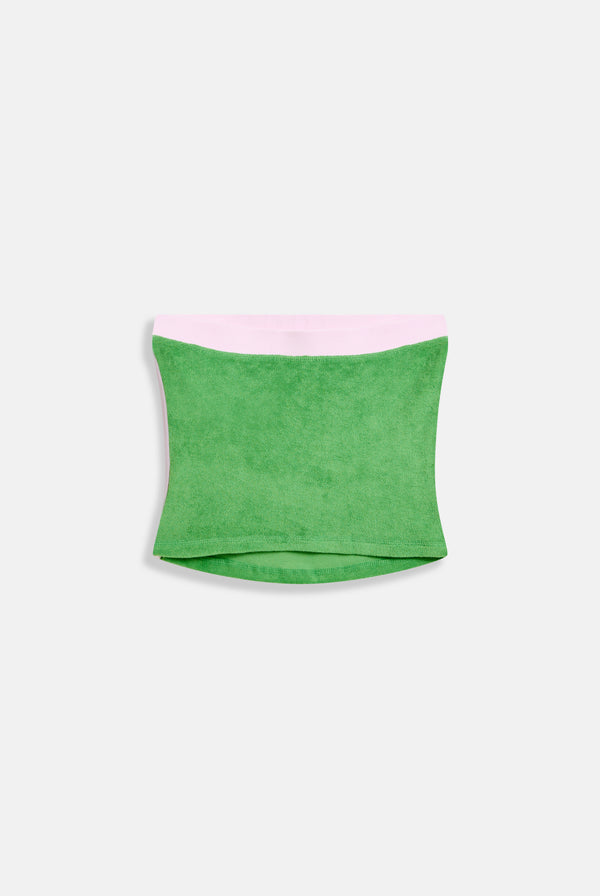 Displays the Peppermint contrast 'juicy' branded Terry bandeau 