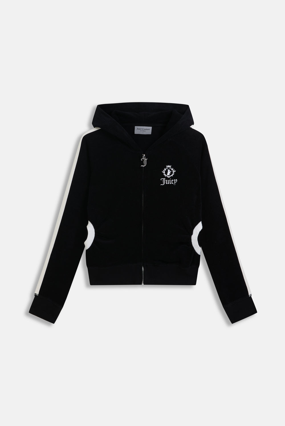 Displays the black appliqué 'Juicy' branded Terry shrunken hoodie 