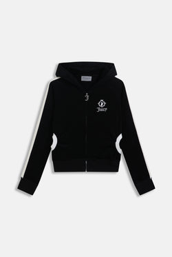 Displays the black appliqué 'Juicy' branded Terry shrunken hoodie 