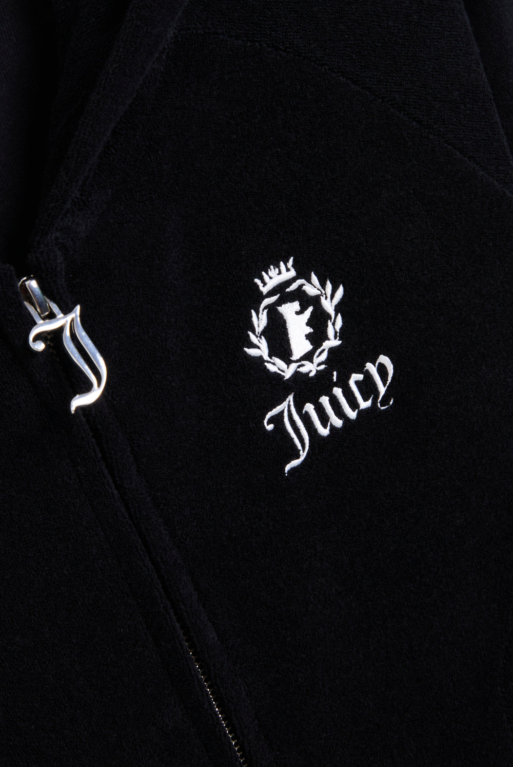 Displays the black appliqué 'Juicy' branded Terry shrunken hoodie featuring the juicy logo and zip