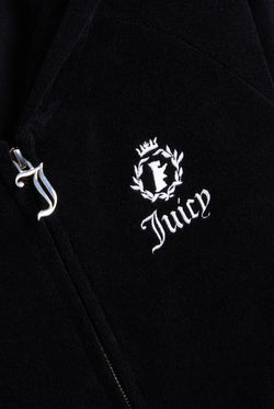 Displays the black appliqué 'Juicy' branded Terry shrunken hoodie featuring the juicy logo and zip