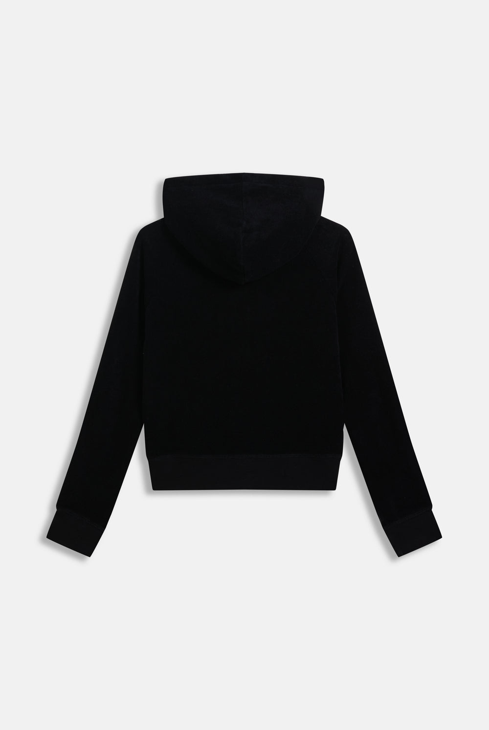 Displays the black appliqué 'Juicy' branded Terry shrunken hoodie 