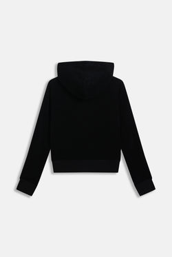 Displays the black appliqué 'Juicy' branded Terry shrunken hoodie 
