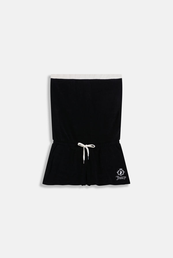 Displays the Black Appliqué 'Juicy' branded Terry towelling romper 