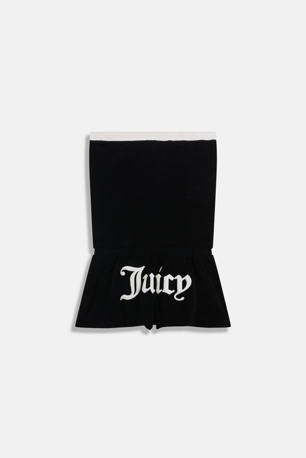 Displays the Black Appliqué 'Juicy' branded Terry towelling romper 
