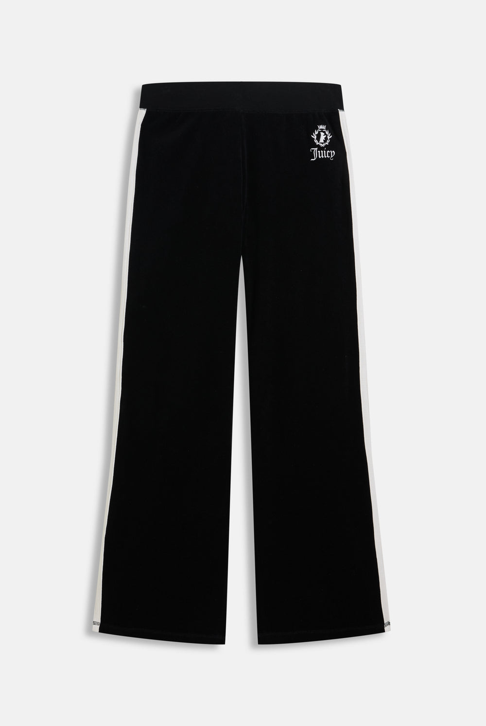 Displays the Black appliqué 'Juicy' branded Terry ultra low straight track pants 