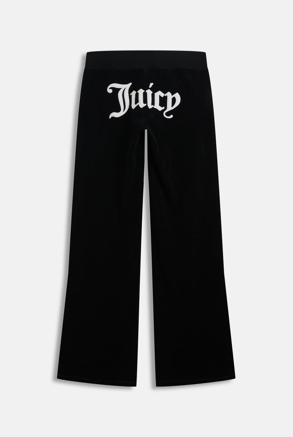 Displays the Black appliqué 'Juicy' branded Terry ultra low straight track pants 