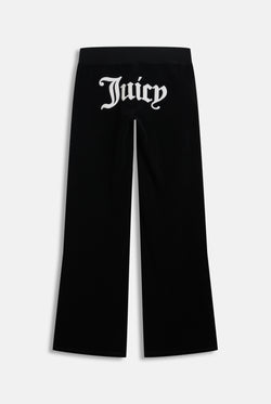 Displays the Black appliqué 'Juicy' branded Terry ultra low straight track pants 