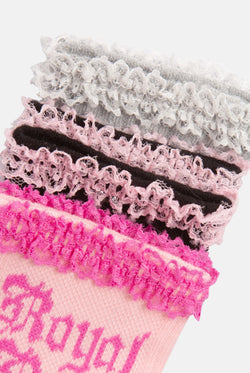 Displays the 'Juicy' branded 3 Pack Lace Slogan Socks featuring the details 
