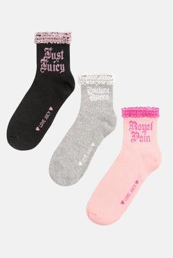 Displays the 'Juicy' branded 3 Pack Lace Slogan Socks