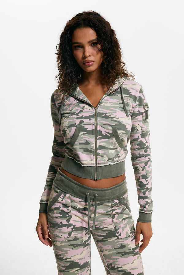 Pink Camo Print Washed Cotton Hoodie