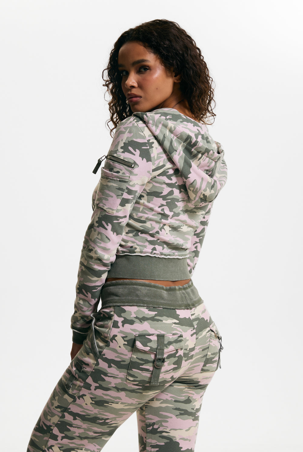 Pink Camo Print Washed Cotton Low Rise Track Bottoms