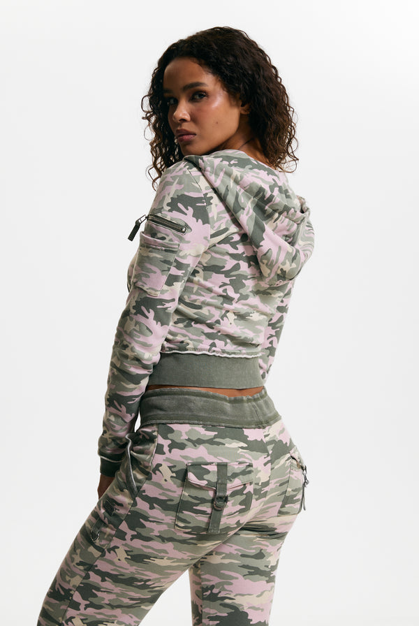Pink Camo Print Washed Cotton Low Rise Track Bottoms