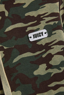 Displays the Camo Print 'Juicy' branded washed cotton hoodie featuring the juicy branding 