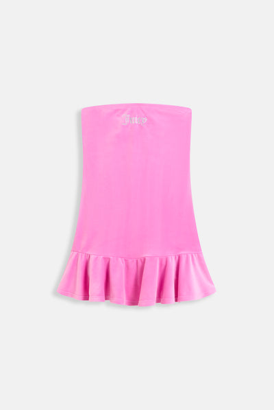 SUPER PINK BANDEAU RUFFLE VELOUR DRESS
