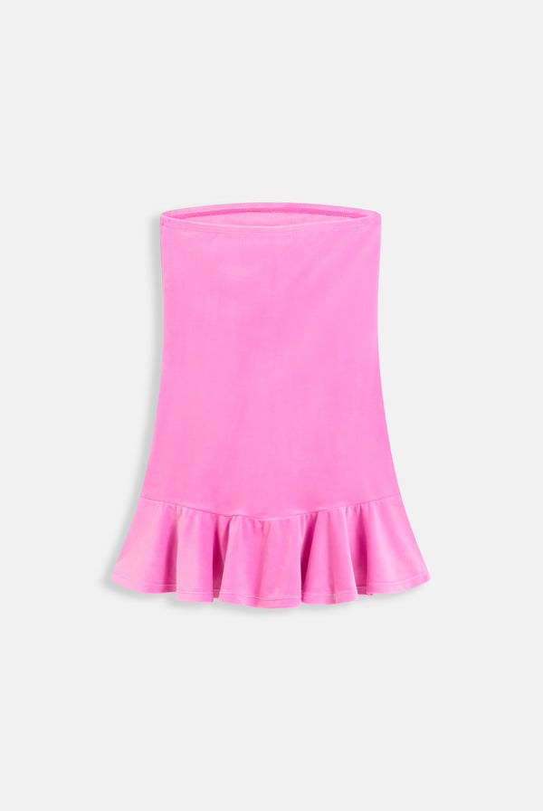 Displays the super pink 'juicy' branded bandeau velour dress 
