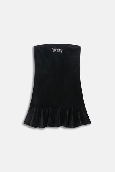 BLACK BANDEAU RUFFLE VELOUR DRESS
