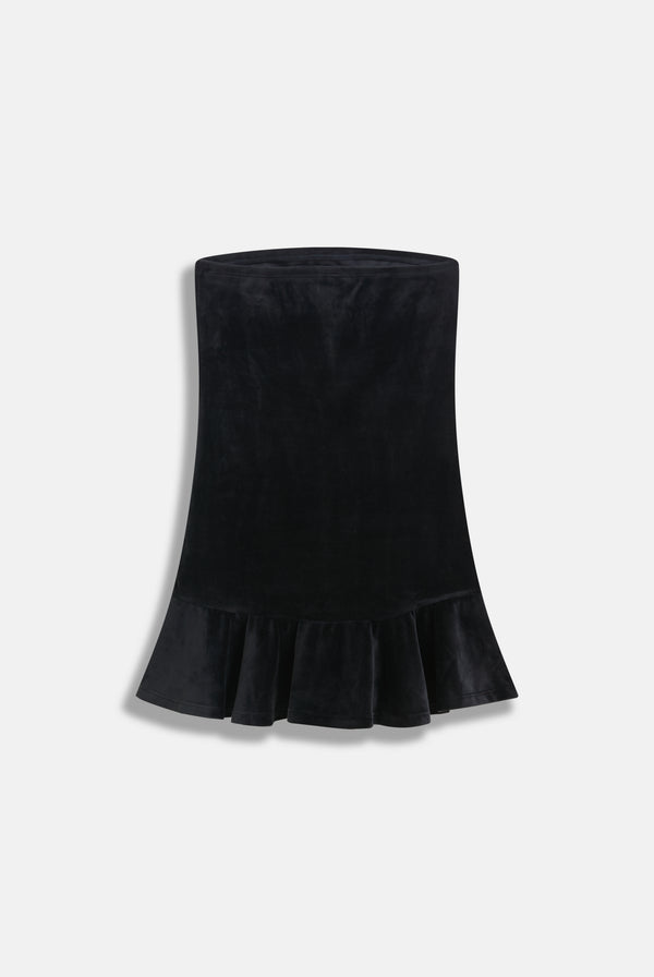 Displays the Black Bandeau Ruffle 'Juicy' branded velour dress 