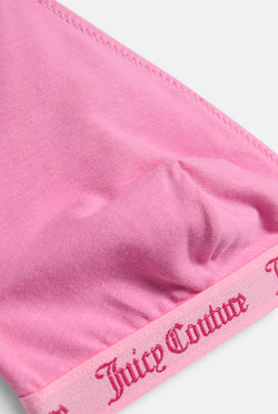 Displays the Pink 'Juicy' branded 3 Pack Scoop Cotton Triangle Bralettes featuring the juicy couture branding 