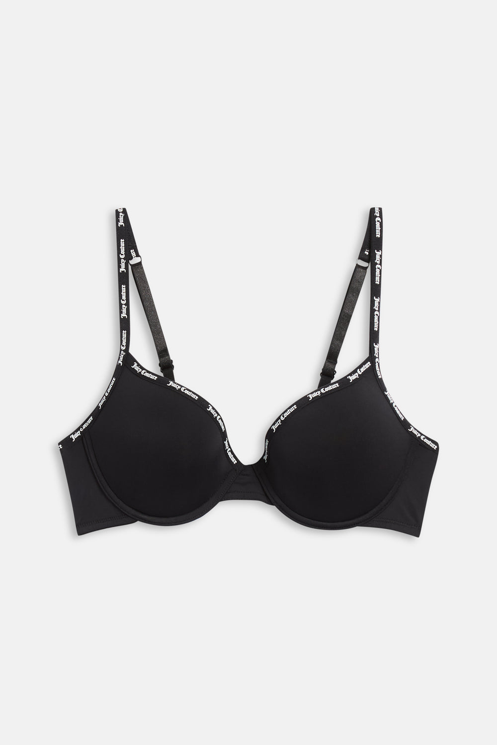 Displays the Black 'juicy' branded Strap Underwire Microfibre Bra